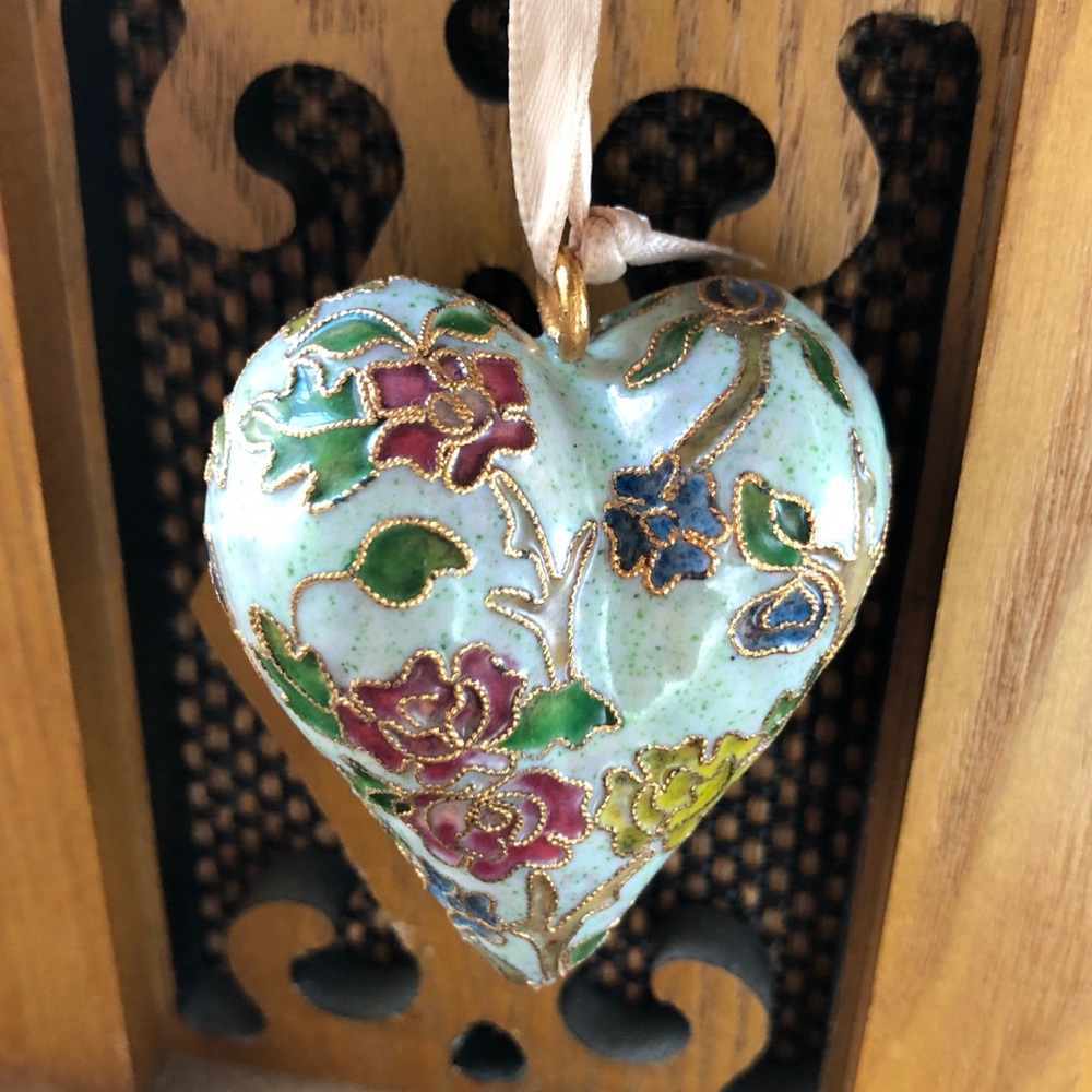 Vintage Cloisonné Blue Floral Heart Ornament